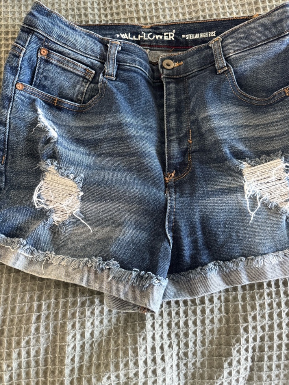 Wallflower Dark Blue Distressed High-Rise Denim Shorts